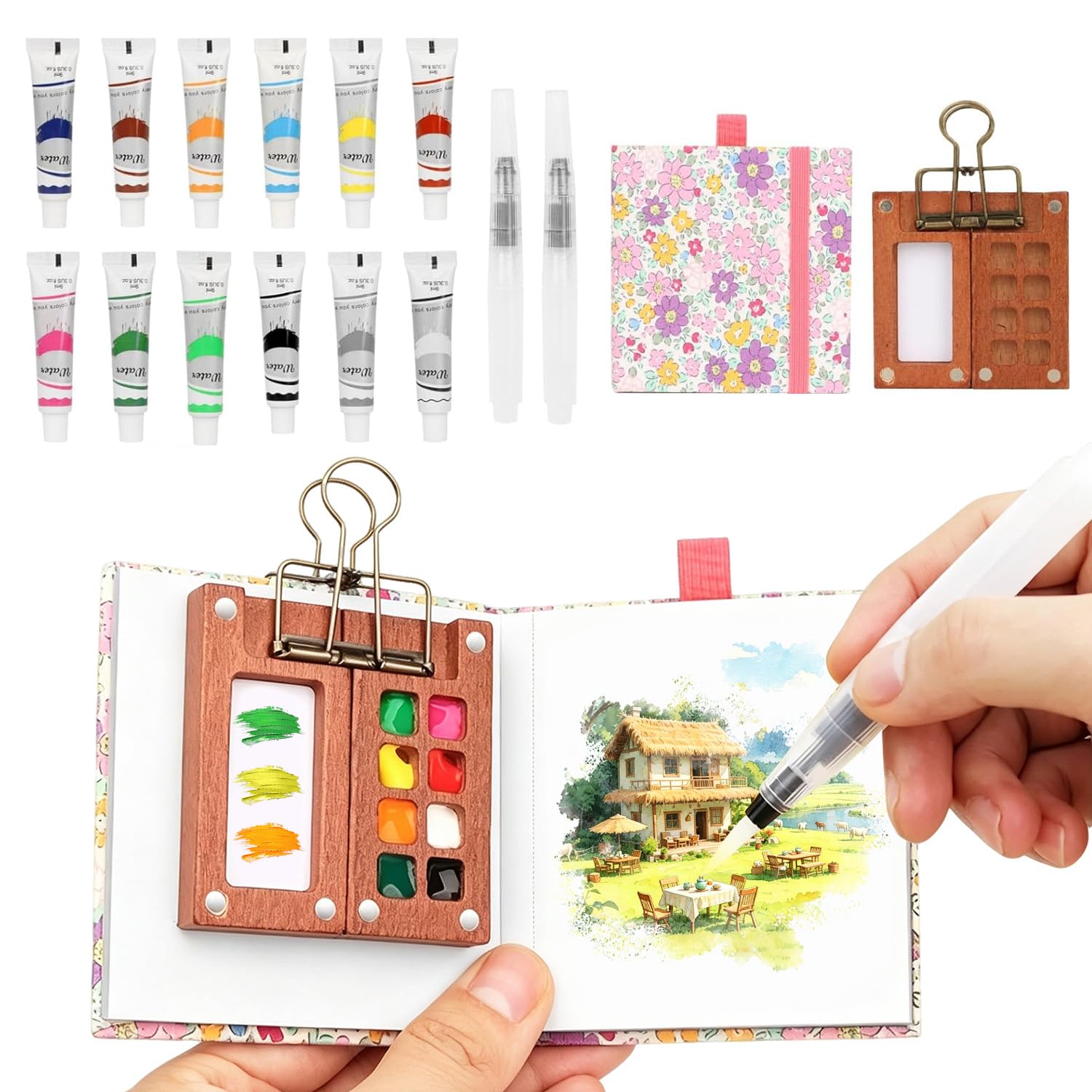 Zenlumio White Portable Watercolor Painting Set, Mini Watercolour Kit With Durable 8 Grids Walnut Palette, 12 Vibrant Colors, 2 Water Brushes, Metal Clip & Sketchbook, Perfect For Outdoor Art, Journey Painting