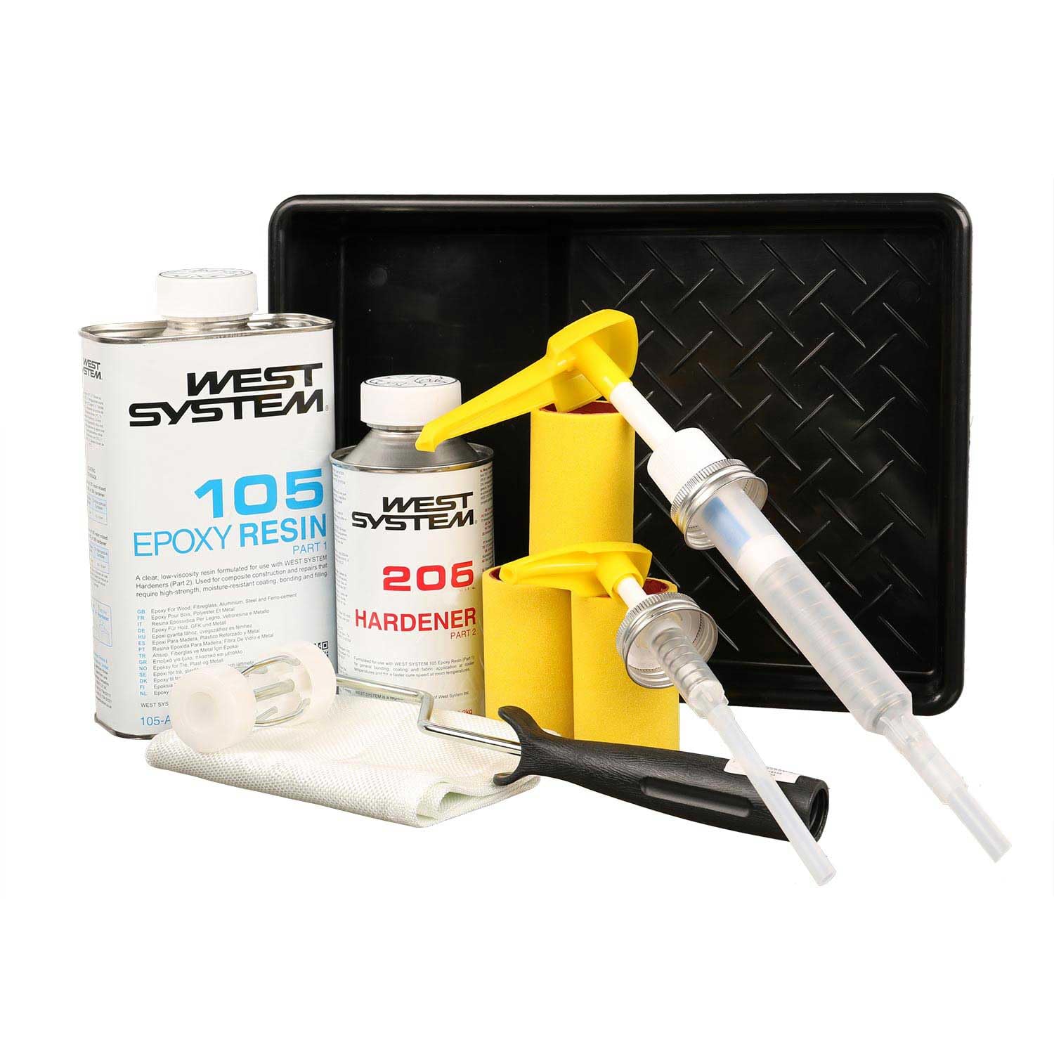 Epoxidharz Set | A-Pack 105-205A/206A + Minipumpenset 301-5A (Mix 5:1) + Zubehör (Walze, Roller, Glasgewebeband (1m²) | Reparatur, Benetzung, Verklebung: Boot, Auto, Holz, GFK (105-206 - langsam)