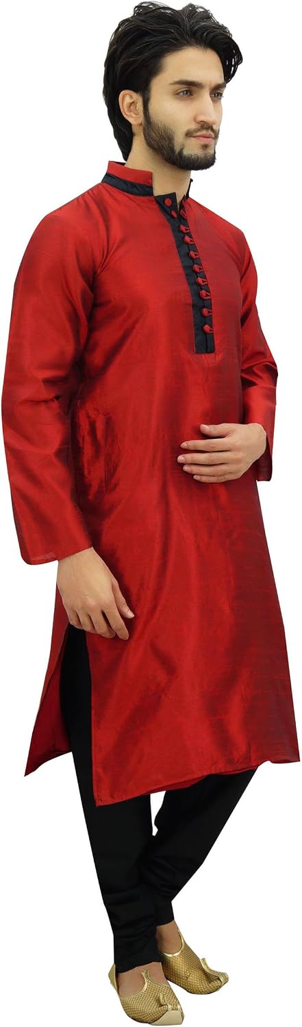 Atasi Men's Kurta Pyjama Set Maroon Dupion Ethnic Bollywood Shirt