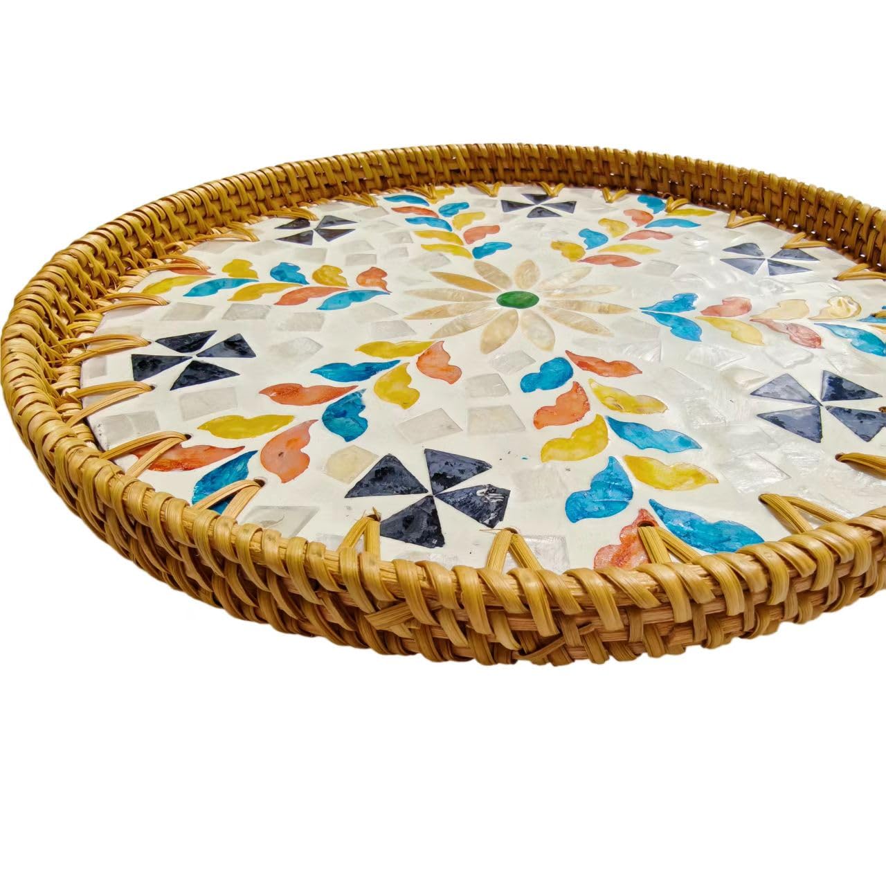 Bandeja redonda de ratán hecha a mano con incrustaciones de nácar, bandeja de servicio de ratán con base de madera, decoración de mesa con cestas de mimbre, almacenamiento y exhibición de pan, frutas,