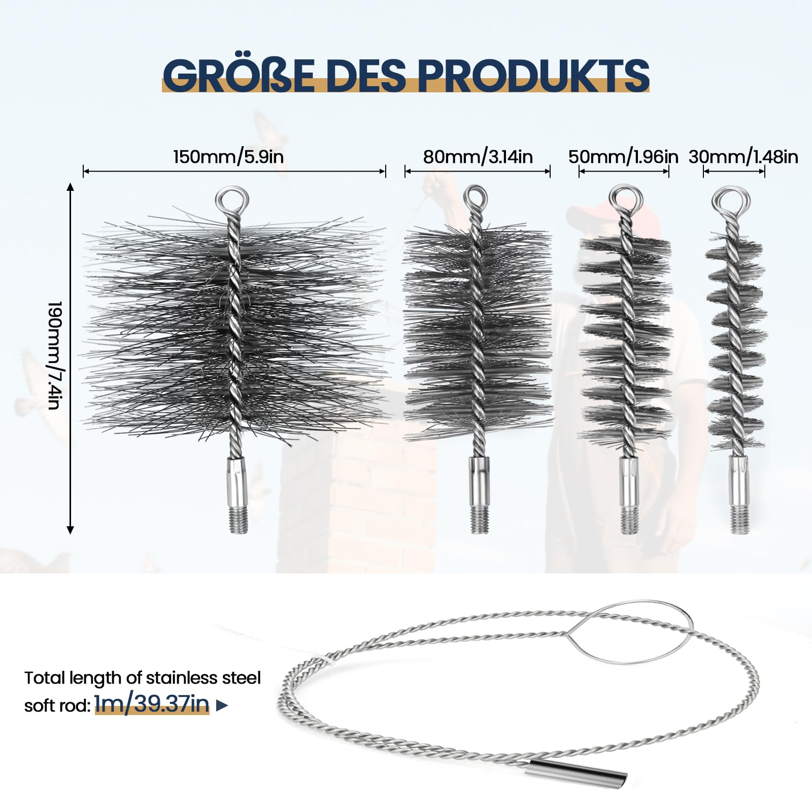Rohrreinigungsbürste Set, Ofenrohrbürste mit 4 Stahlbürsten 30/50/80/150mm und 1m Flexibler Edelstahl-Schubstange, Schornsteinfeger Bürste für Kamin, Ofenrohr, Rauchrohr & Grill