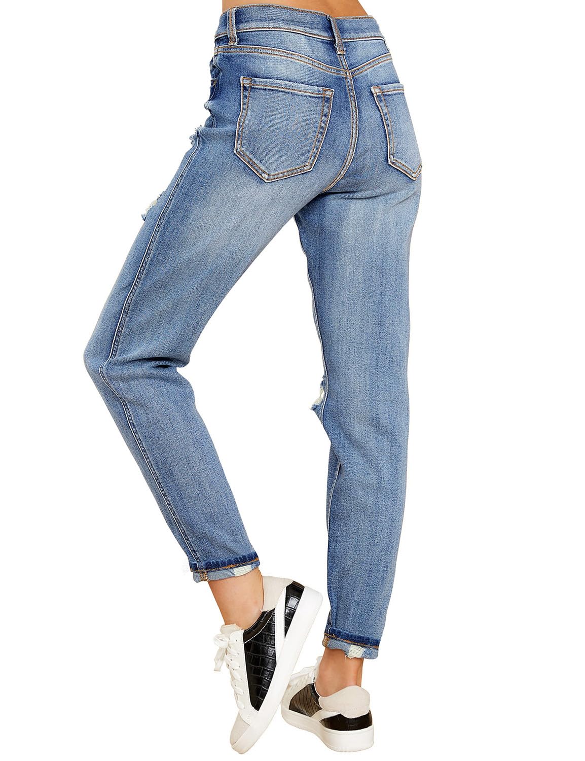 Roskiky Boyfriend Jean stretch pour femme - Taille haute - Jean côtelé - Distressed Mom