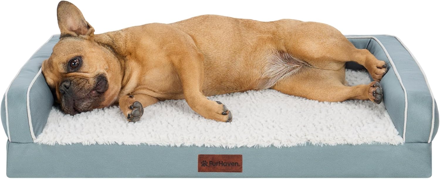 FurHaven Textured Plush & Coated Polyester Solid Core Modern Sofa Pet Bed, Riverway, Medium