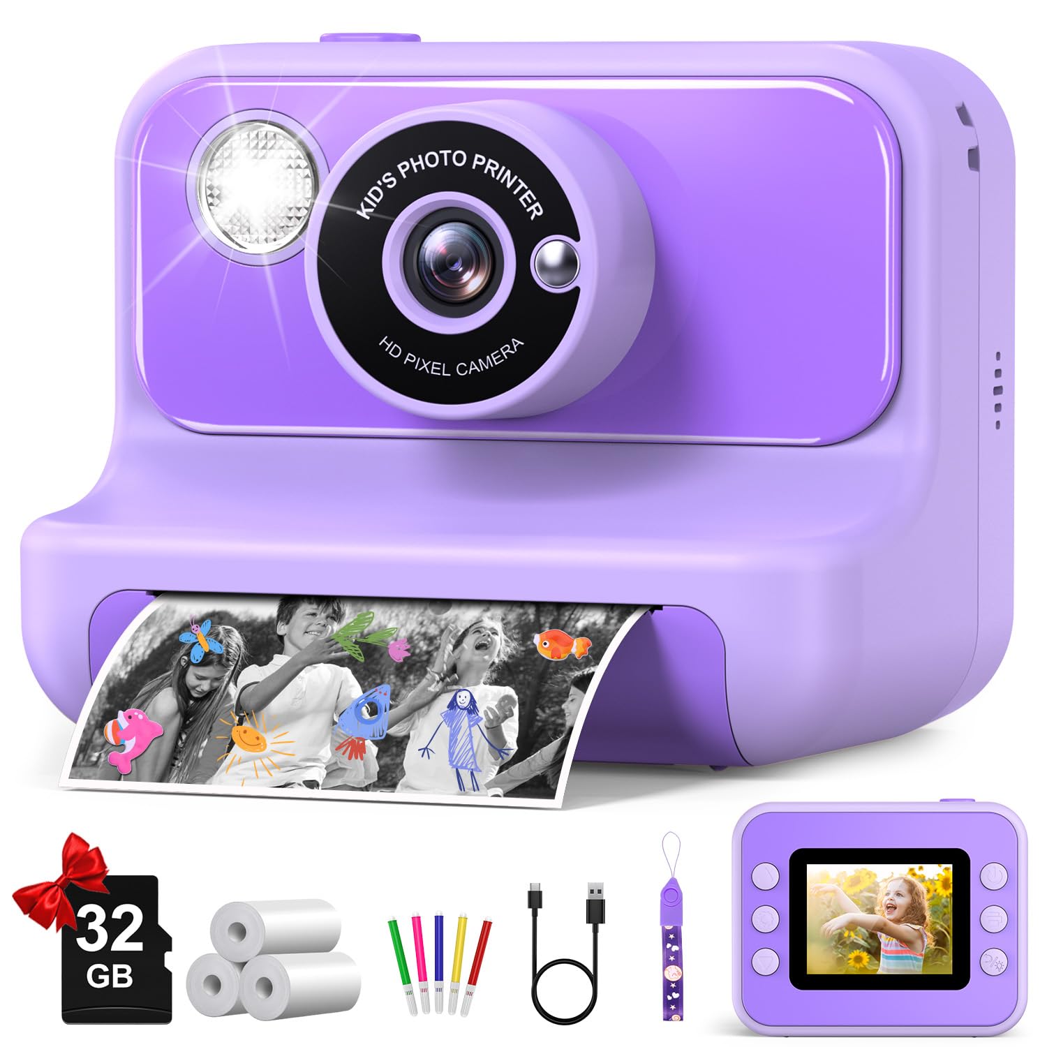 Kids Camera Instant Print, Christmas Birthday Gifts for Girls and Boys, 1080P HD Video Digital Kids Camera with 32G Card, Toddler Camera for 3-12 Years Old, Purple