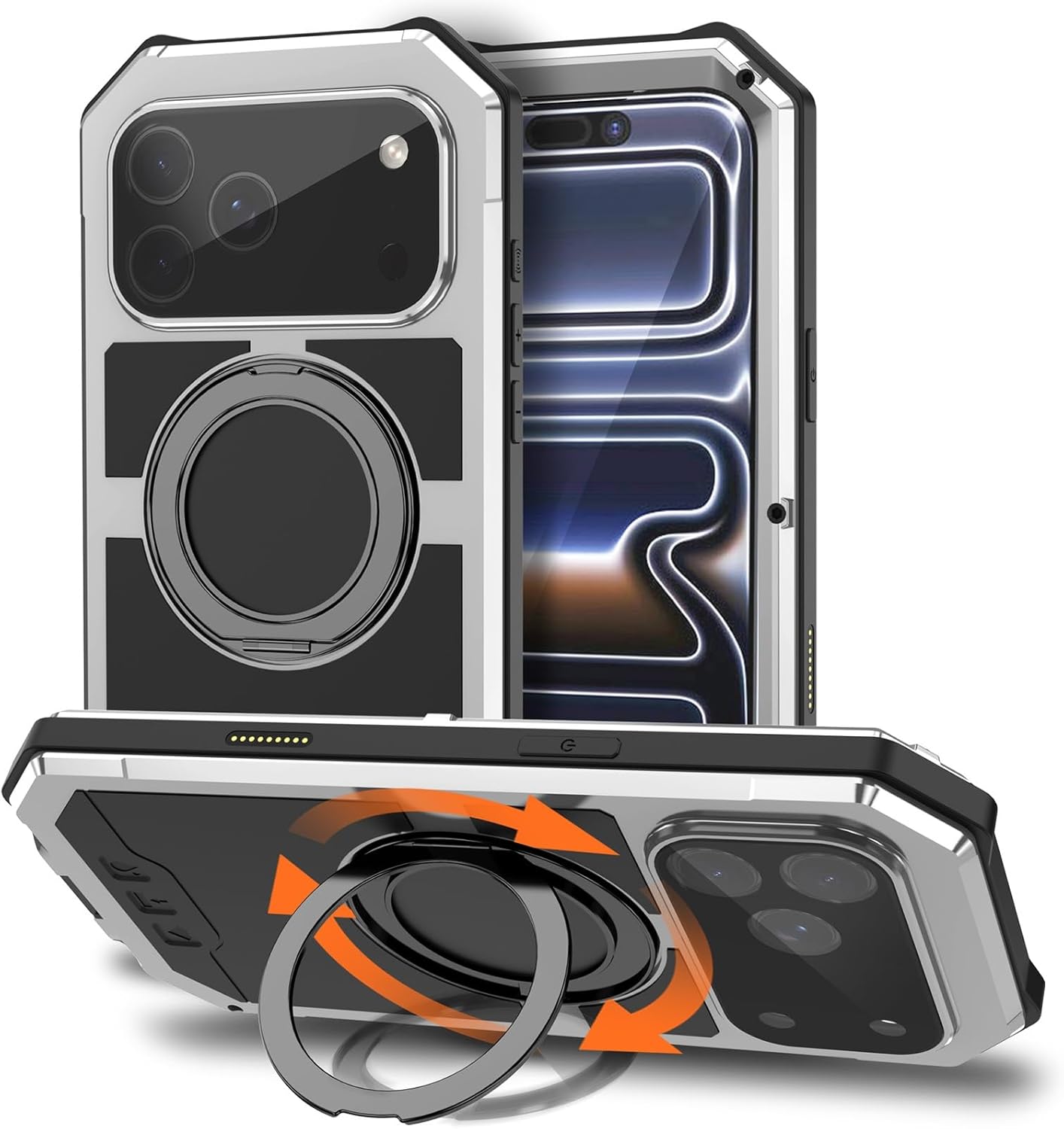 Case for iPhone 17 Pro Max (6.9"), [Compatible with Magsafe] Full-Body Heavy Duty Metal Case with 360° Rotating Ring Kickstand & Built-in Screen Protector, Military Grade Shockproof(Red)