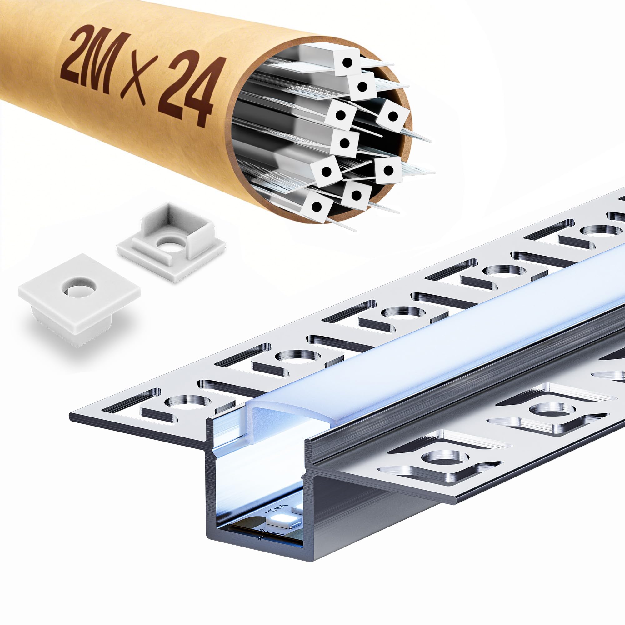 24 x profil do suchej zabudowy LED, 2 m, szyna LED 2 m, profil aluminiowy, szyna podtynkowa i dyfuzor natynkowy do oświetlenia pośredniego sufitu