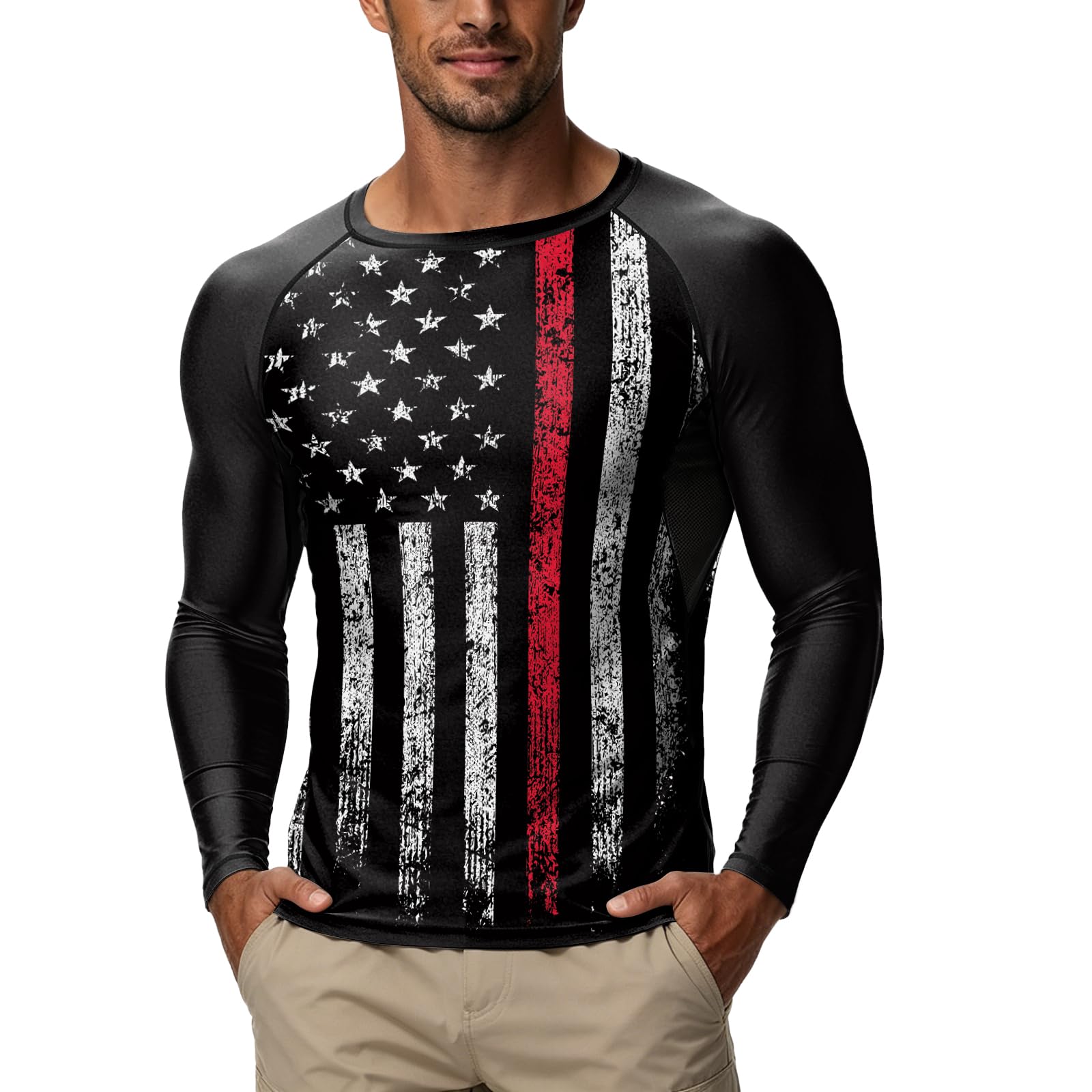 Jiu Jitsu Men American Flag UPF 50+ Sun Protection Printed Performance Fit Compression Rash Guard Long Sleeve Swim Shirts-image-45