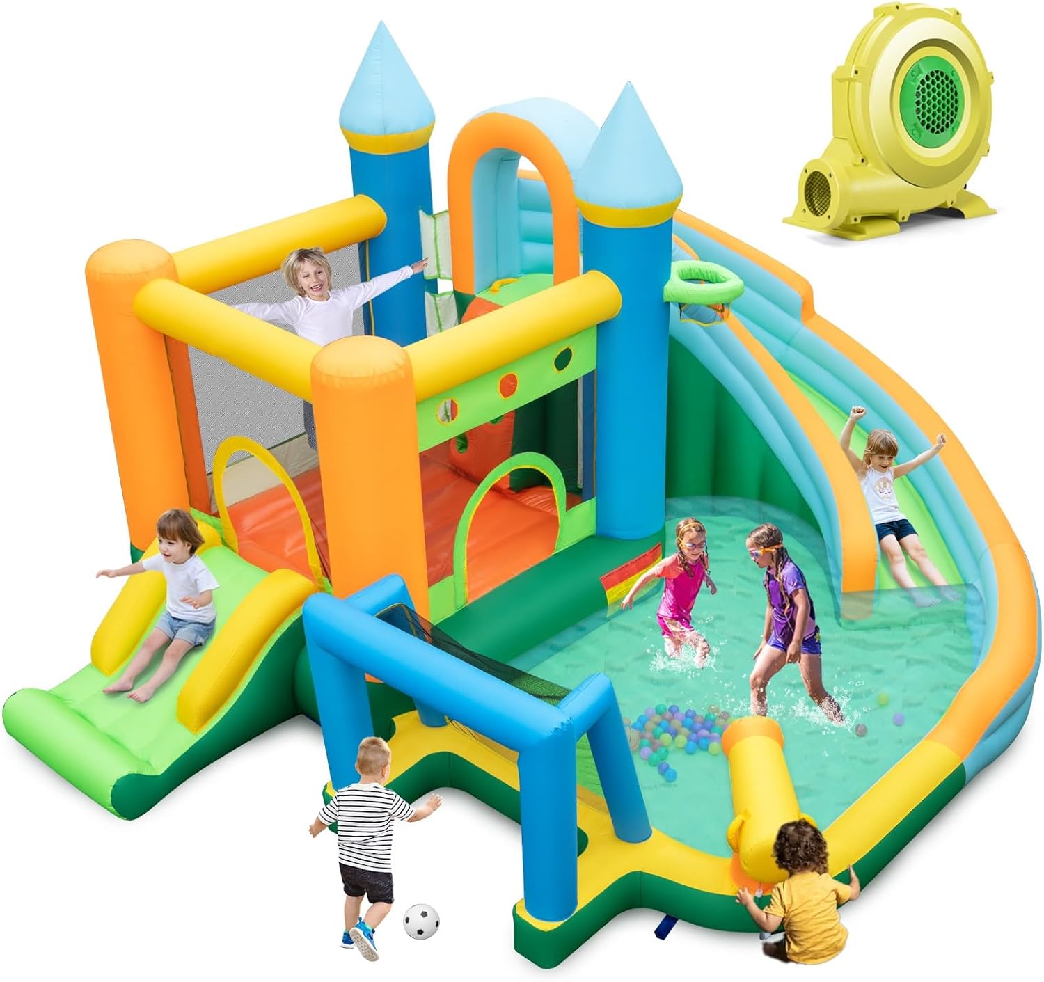 KOTEK Inflatable Water Slide, Bounce House Waterslide Inflatables Water Park w/ 2 Slides, Climbing Wall, Soccer Gate & Deep Pool, Outdoor Blow up Water Slides for Kids Backyard Fun(with 735W Blower)