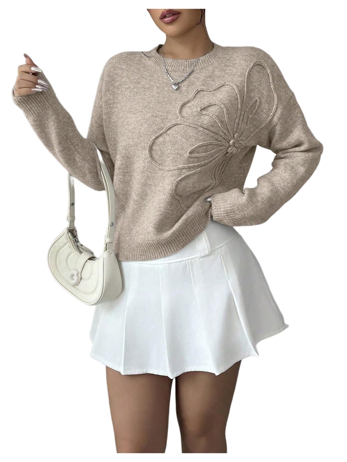 Womens 3D Floral Appliques Crewneck Sweaters Long Sleeve Drop Shoulder Pullovers Elegant Knit Tops