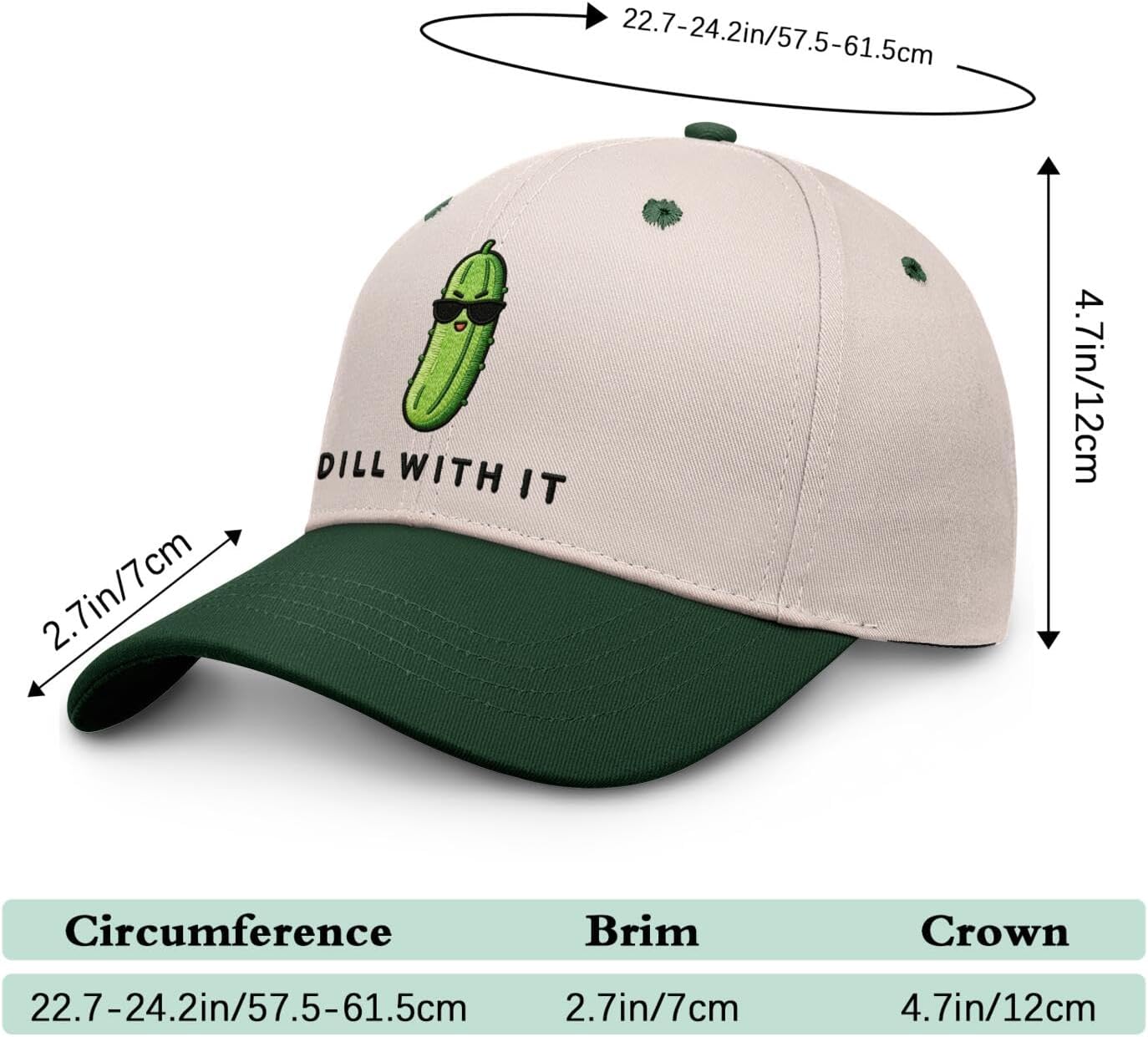 Dill with It Pickle Hats, Funny Embroidered Adjustable Baseball Caps for Men Women,Novelty Green Snapback Hat