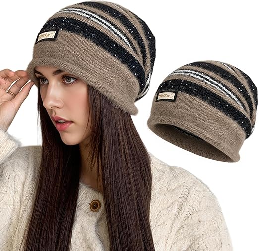 FYting Wintermuts voor dames, beaniehoed, zwarte hoed, warme gebreide muts voor mannen, modieuze krullende randen, voor winter, Kerstmis (beige zwart), beige zwart, M