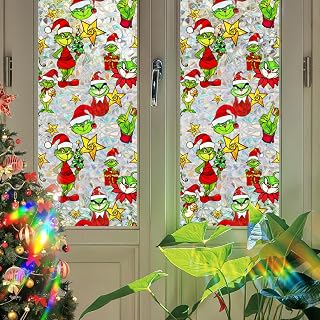 Bloss Christmas Grinch Window Film, Static Cling Holiday Window Decor | 17"W x 39L" Reusable Xmas Stained Glass Windows Decoration Xmas Green Designs Windows Stickers