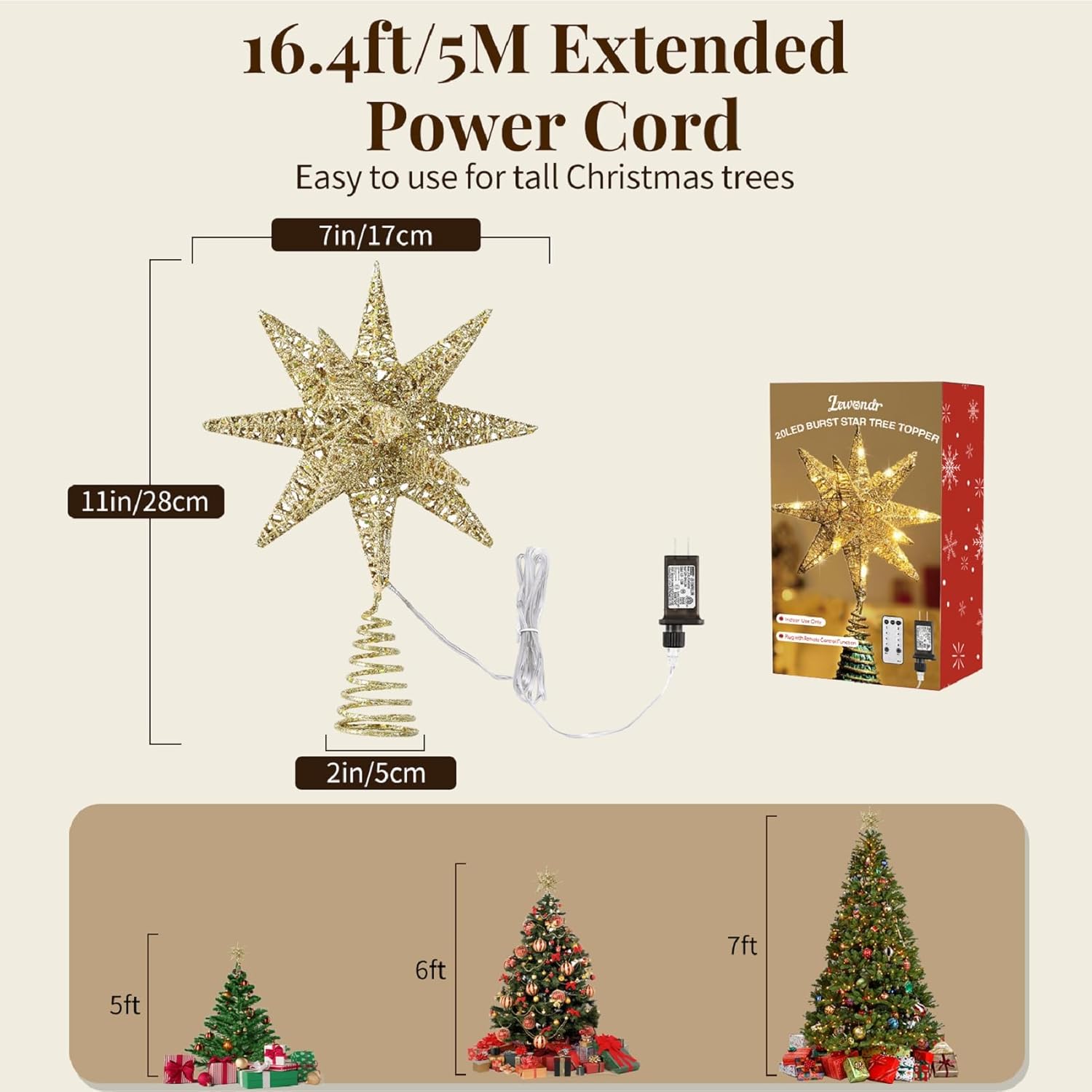 Lewondr Christmas Tree Topper, Plug in 3D Starburst Xmas Lighted Star Tree Topper, Remote Control & Timer Light Up Vintage Moravian Tree Topper for Christmas Decoraiton, Warm Light, Champagne Gold