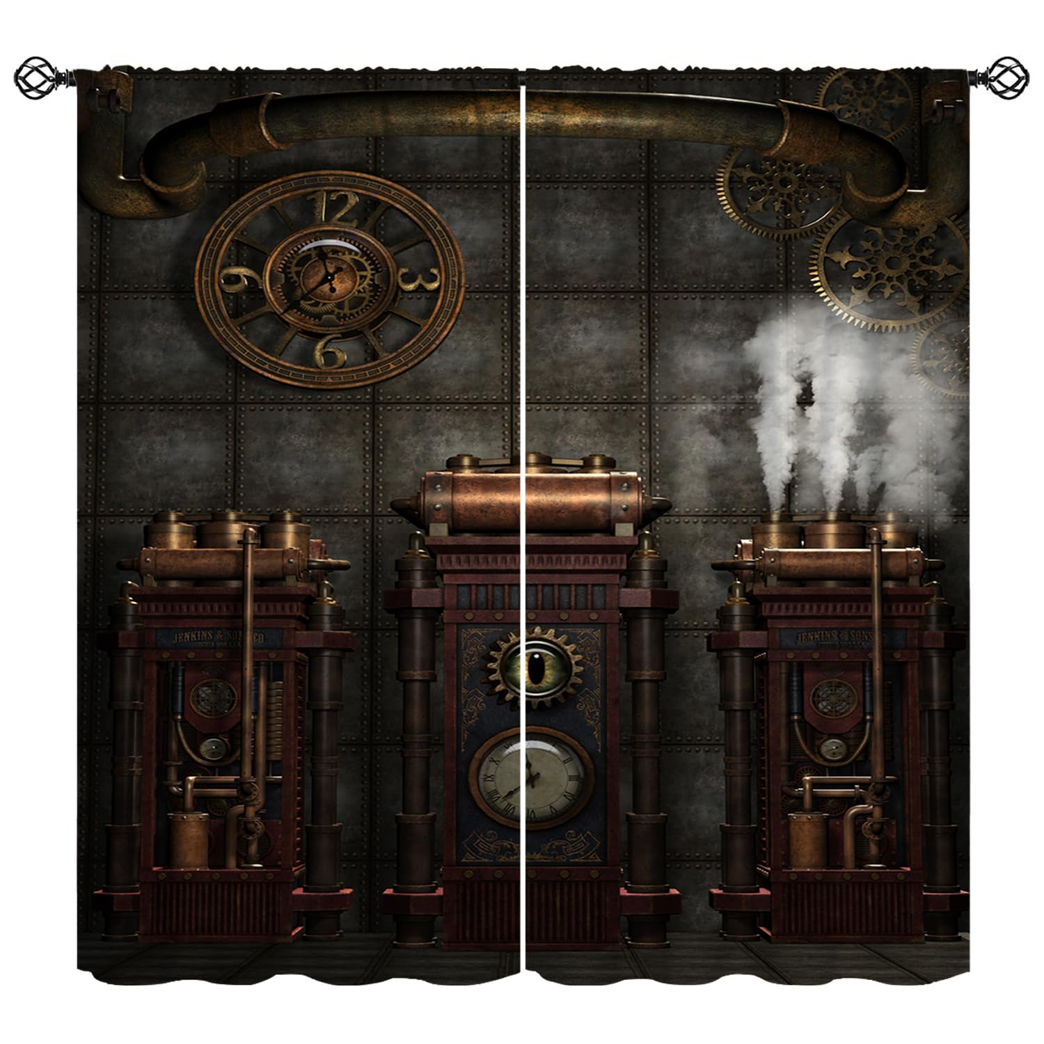 KANEPE Rustic Steampunk Curtains, 3D Retro Gears Clocks Old Metal Mid Century Pattern Window Treatments, Rod Pocket Thermal Insulated Drapes 2 Panel Sets for Bedroom Living Room, 42