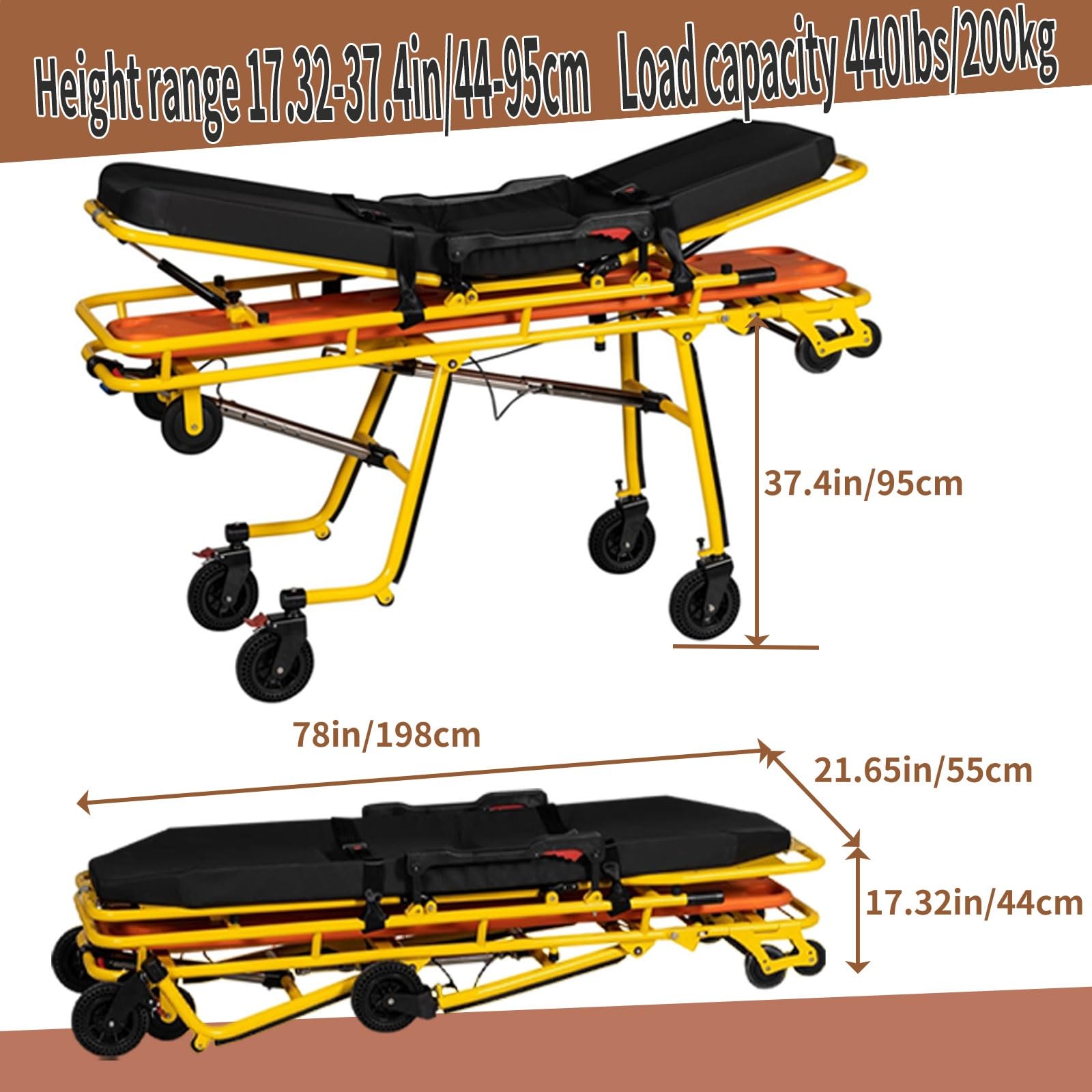 Automatyczne ładowanie nosze karetki składane łóżko Gurney z deską kręgosłupa, lekka aluminiowa rama, medyczny wózek transportowy, pojemność 200 kg