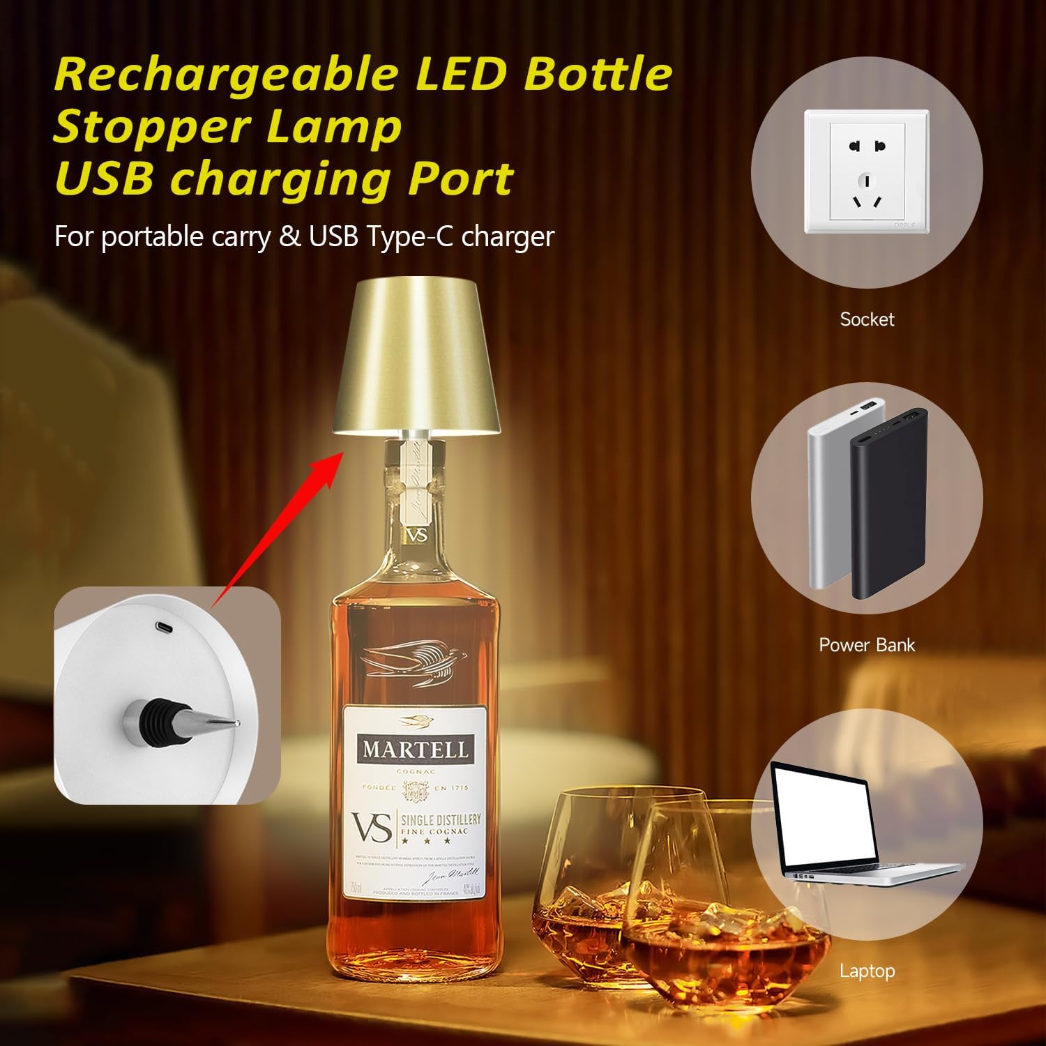 2025 New Wireless Bottle Lamp - LED Bottle Lights for Liquor & Wine Bottles, Cordless Lampshade, Whiskey Bottle Top Light, Bottle Stopper Night Light Kit, Rechargeable 3-Tone Touch-Dimmable