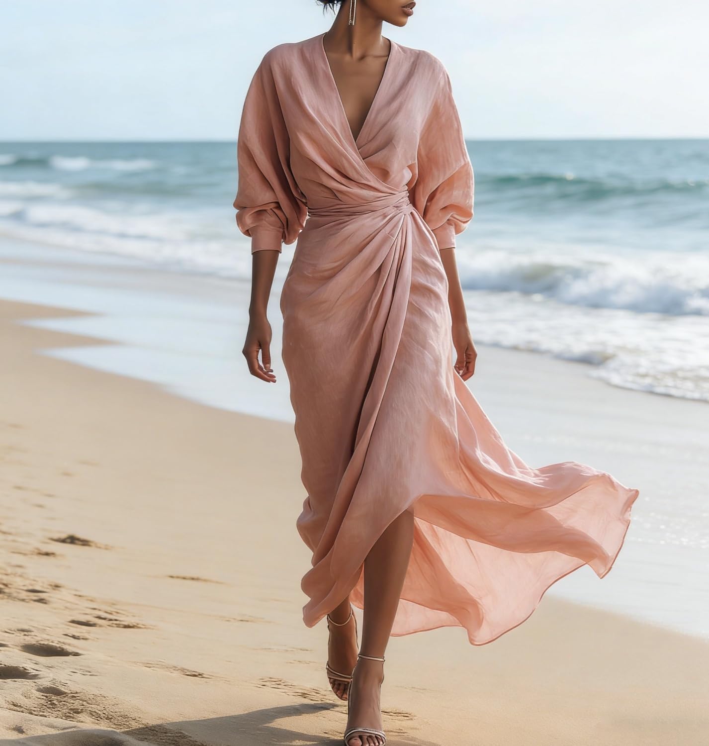 Abito extra lungo da donna in lino e cotone con scollo a V, maniche lunghe, increspato, cravatta in vita, asimmetrico, orlo diviso, retrò, elegante, per feste