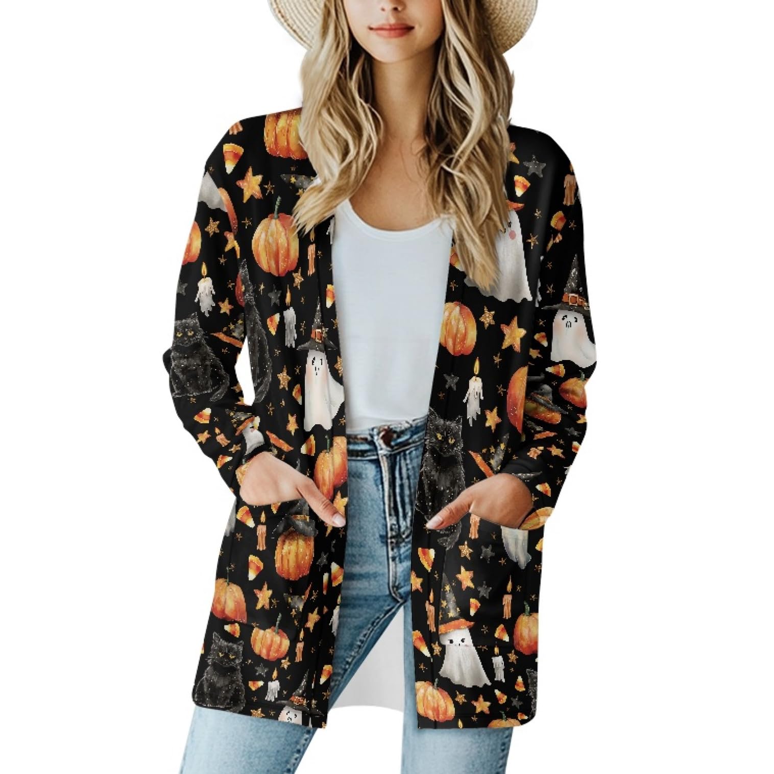 Fall Maple Leaf Cardigan Sweaters for Women Long Sleeve Cardigan Soft Drape Open Front Dusters V-Neck Jackets Dressy