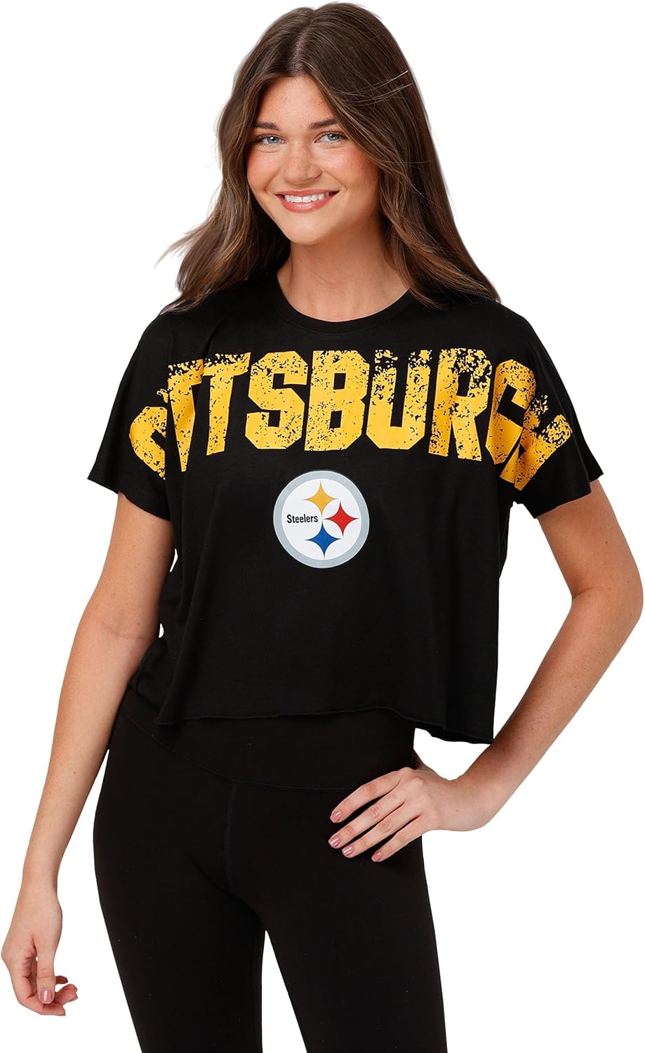 FOCO Women's NFL Team Logo Ladies Fashion Distressed Wordmark Crop Top Shirt