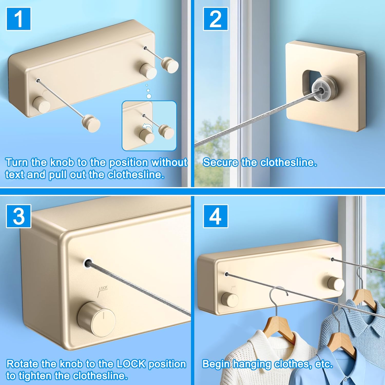Retractable Wall-Mounted Clothesline - 16.7" Stainless Steel Double Lines for Indoor & Outdoor Use, Perfect for Balconies and Courtyards, Ideal Laundry Drying Solution (Gold)