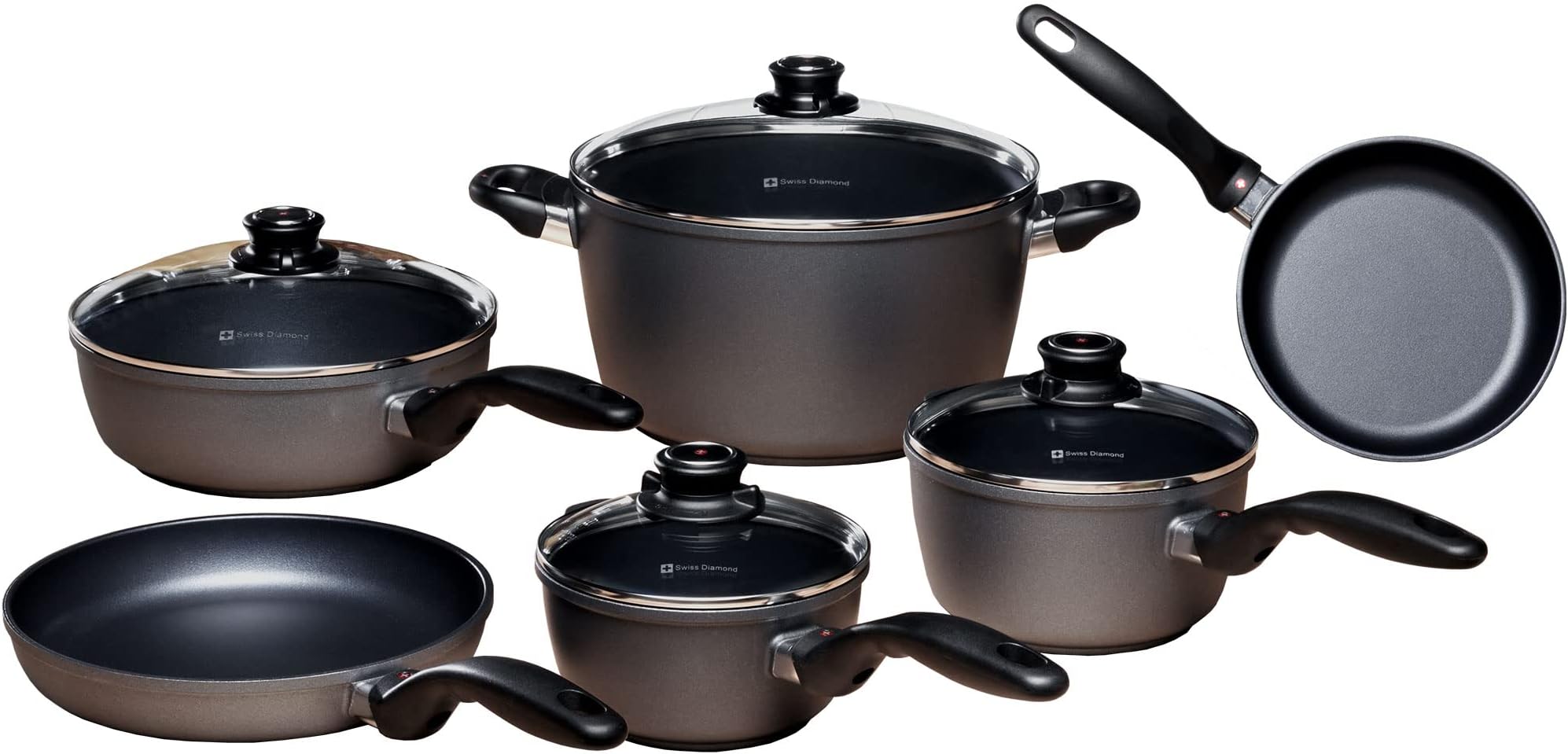 Swiss Diamond 10 Piece Kitchen Cookware Set - HD Nonstick Diamond Coated Aluminum Cooking Pots and Pans, Includes Lids Dishwasher Safe and Oven Safe Fry Pan, Grey