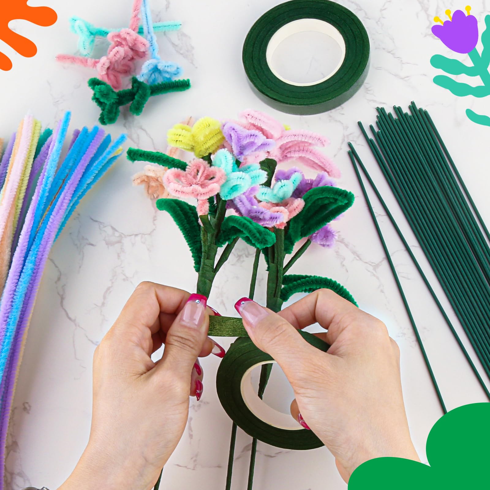 400 Pcs Pipe Cleaners Craft,4 Assorted Colors Pipe Cleaners Bulk, Chenille Stems For DIY Flower Making Kit With Floral Wires, Gardening Tape,Stamen& Ribbon (Pink