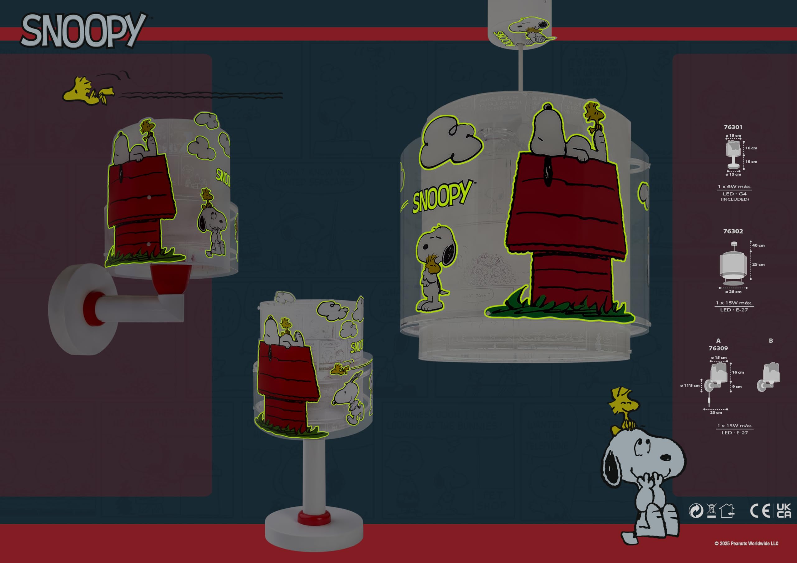 Dalber Lámpara Techo Colgante Infantil Snoopy 76302 E27 | Incluye difusor de luz inferior extraible; Habitación niños; lámparas infantiles.