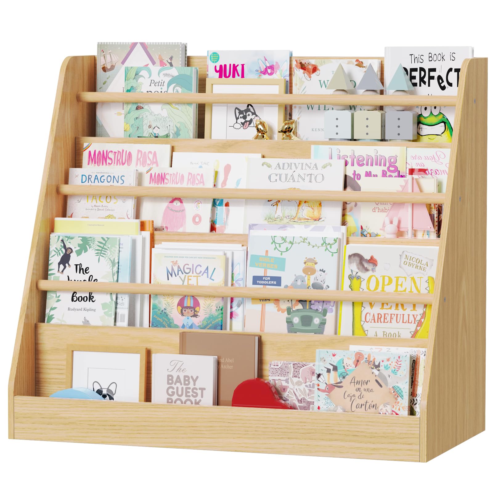 Lkeiyay Kids Bookshelf,Kids Wooden 4 Tier Book Display Shelf,Montessori Bookcase Kid Room, Toddler Bookshelf for Nursery Classroom (Natural)