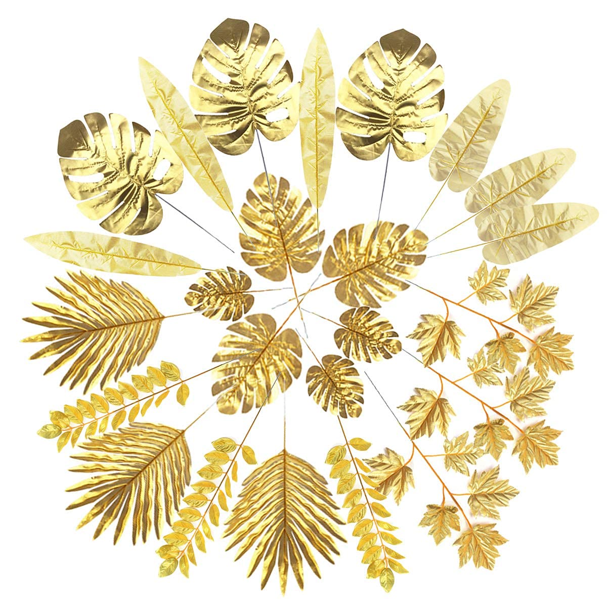 KASTWAVE 24Pcs Artificial Leaves Gold 8 Kinds Palm Leaves Golden Tropical Plants Palm Leaves Faux Leaves for Wedding Birthday Theme Party Home DIY Decorations Supplies
