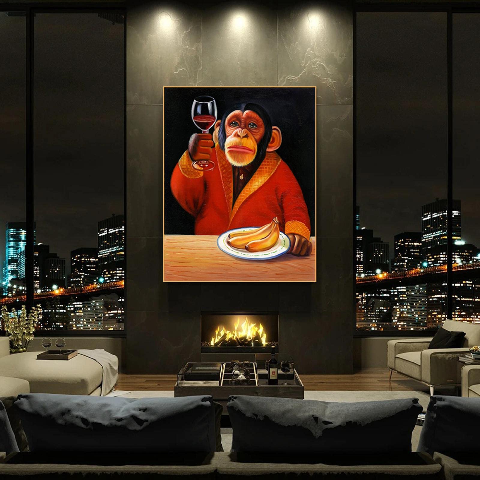 Chimpanzé boire du vin fumer animal photo mur art toile peinture salon 70x100