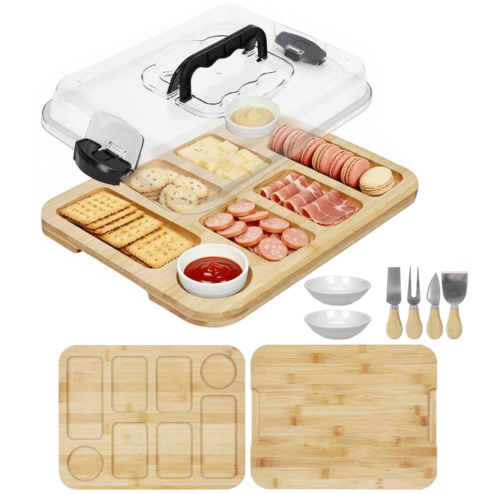 Reversible Charcuterie Board with Lid, Portable Cheese Board and Knife Set