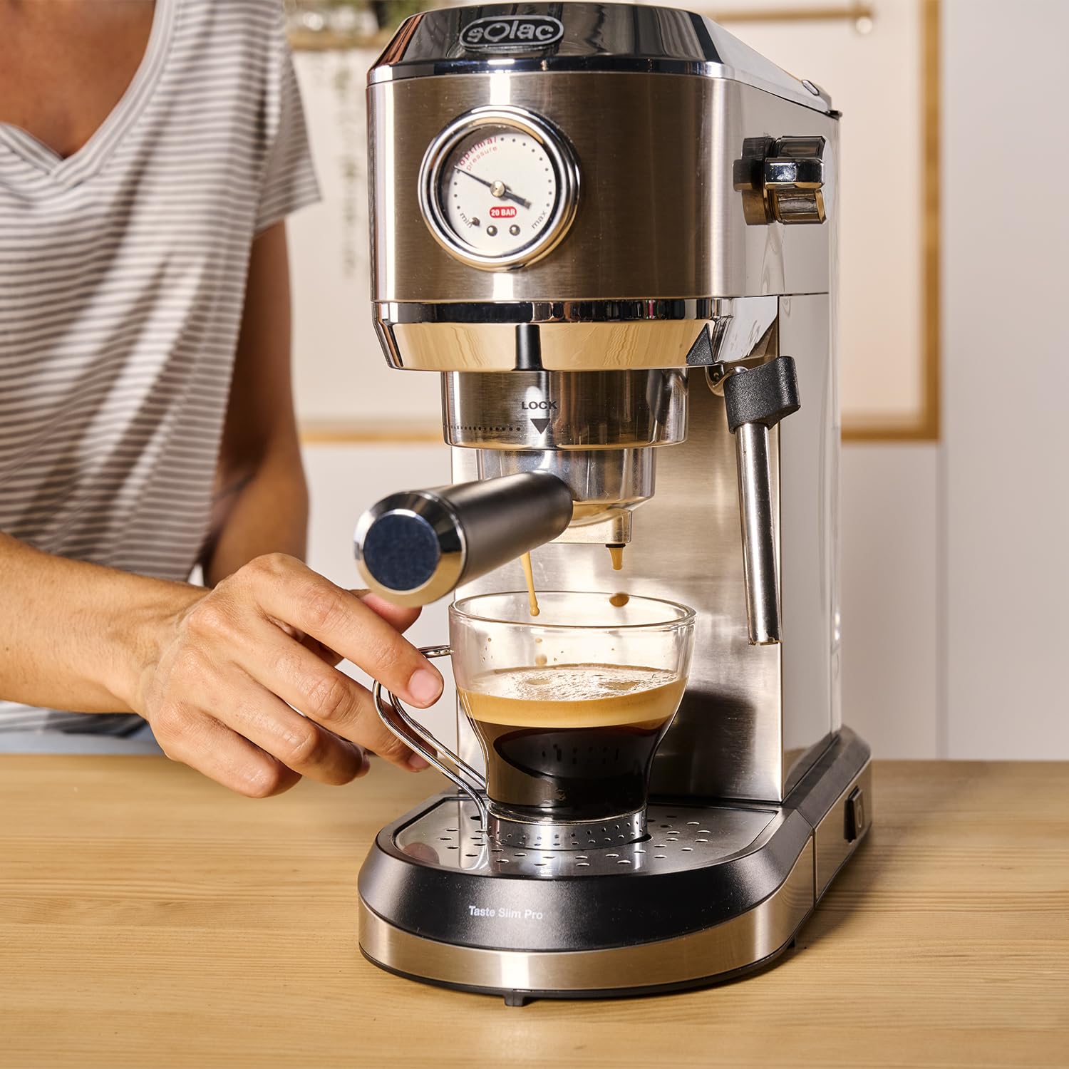 Solac Taste Slim Pro - Cafetera Espresso 20 bares | Sistema Double Cream | Calientatazas | Calentamiento Thermoblock | Parada Automática | 1L | Acero Inoxidable | Programable | Libre de BPA