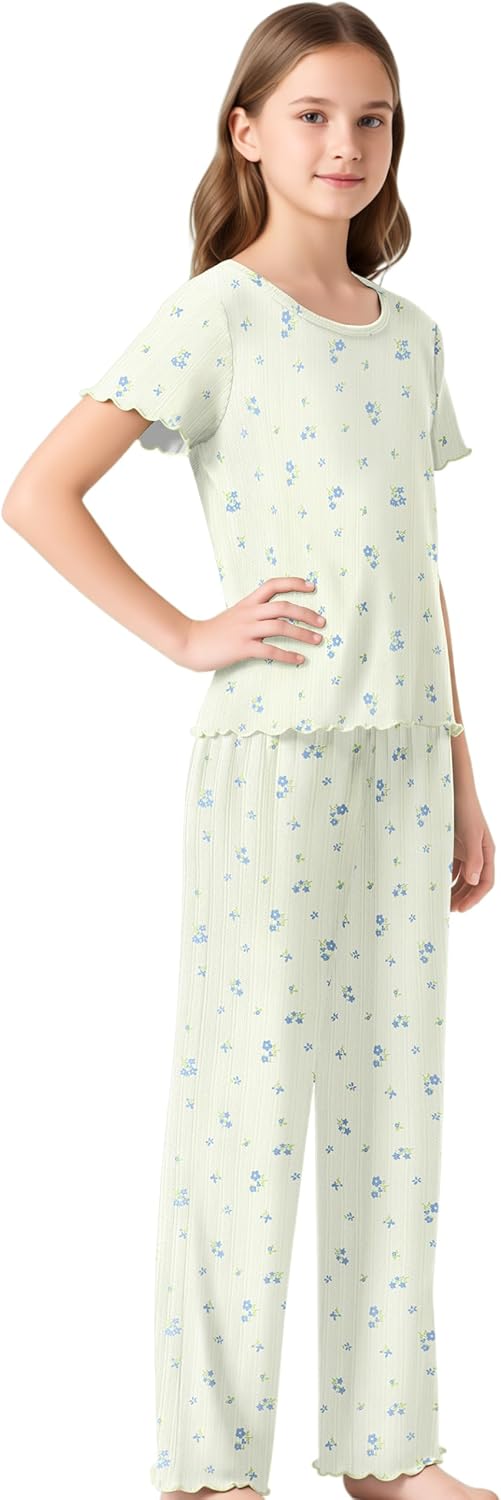 Beezizac Girls Pointelle Knit Lettuce Trim Pajama-Cute Floral/Cherry/Bow Tee & Flared Wide-Leg Pants 2-pc PJs Sizes 6-18 - Image 3