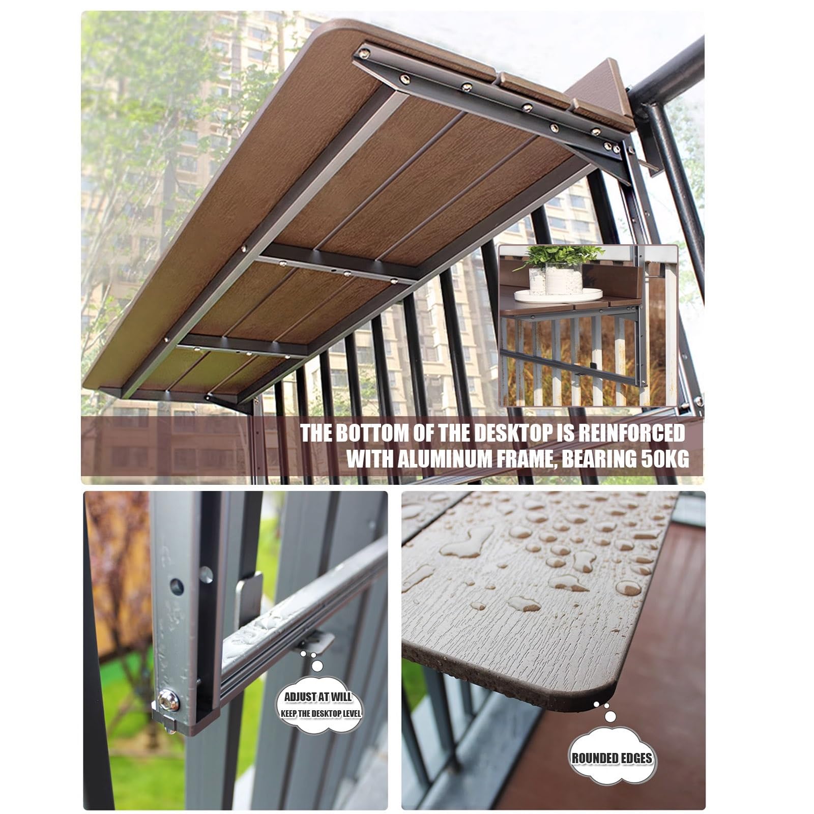 Mesa de bar plegable para balcón para barandillas, mesa de servicio para exteriores e interiores, banco de trabajo compacto para patio, terraza y balcón (31.5 pulgadas de largo x 14.6 pulgadas de