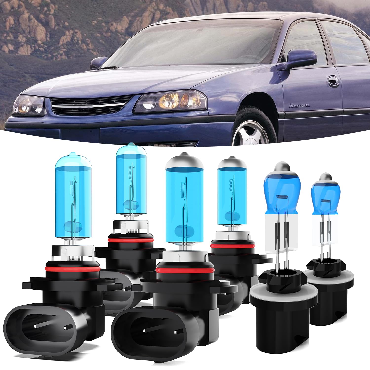Halogen Headlights Fit For Chevrolet Chevy Impala 2000-2005 Headlight Bulbs,9005/HB3/H10 High Beam+ 9006/HB4 Low Beam+ 880/881/H27 Fog Light Combo,Plug And Play,Pack of 6