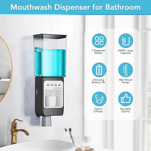 Miniatura 2 de Dispensador automático de enjuague bucal para baño, dispensador montado en la pared, dispensador de accesorios de baño de 22 onzas con tazas