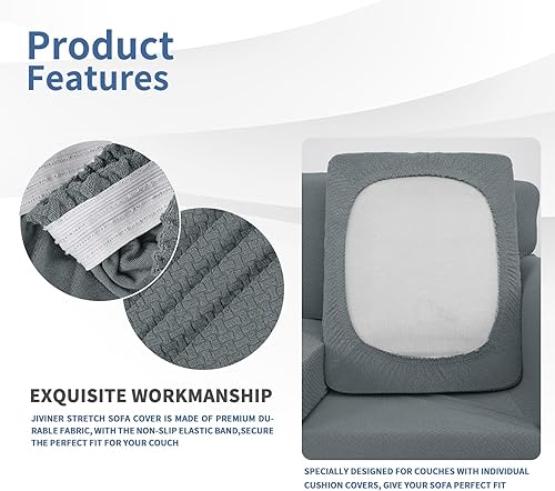 Miniatura 4 de Jiviner Fundas elásticas para sofá de 3 piezas para sofá de 2 cojines, funda gruesa para sofá biplaza con 2 fundas de cojín para sala de estar,