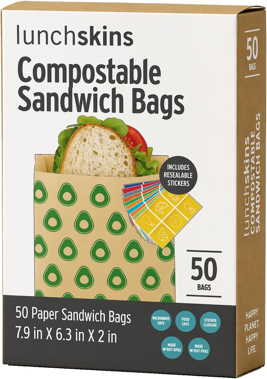 Lunchskins Compostable Food Storage Sandwich Bags, Avocado Design, 50 Bags - Eco-Friendly, Recyclable, Made Without PFAS and BPA
