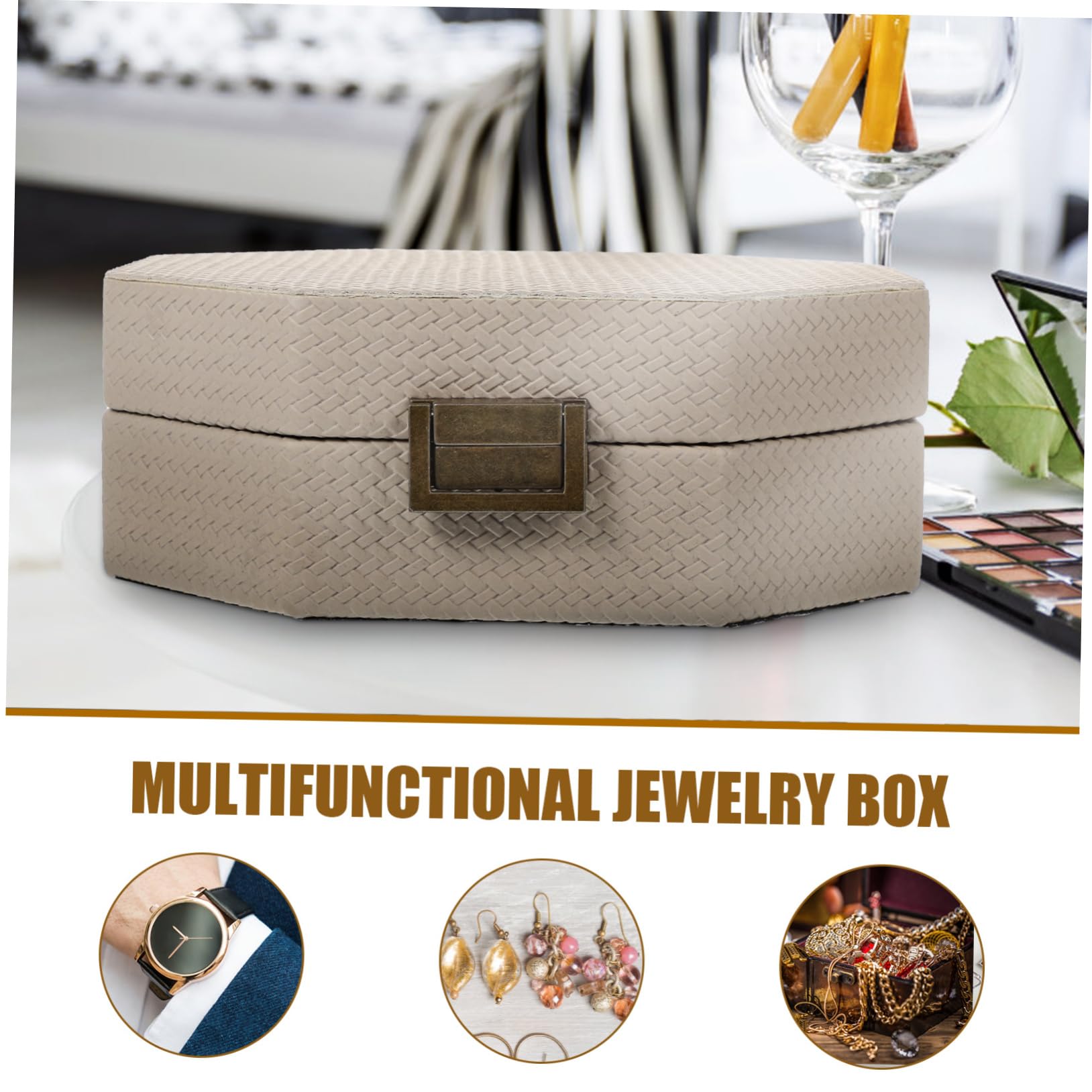 Beaupretty Boîtier de Montre Portable Beige en Cuir, Coffret Bijoux Simple