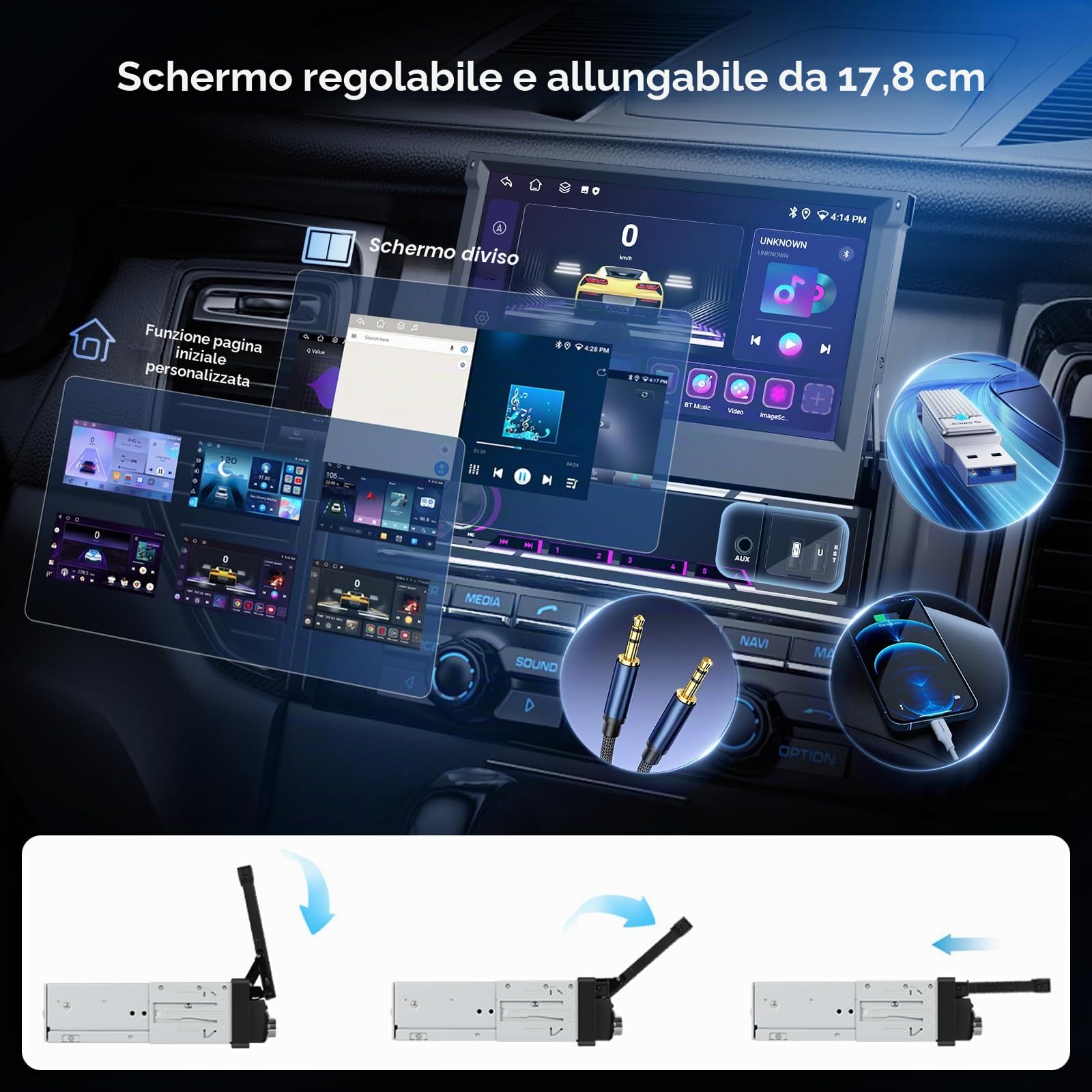 Hodozzy 6G+128GB Android 15 Autoradio 1 Din Schermo a Scomparsa con Carplay Wireless Android Auto, 7 Pollici Touchscreen Ribaltabile GPS Radio con WIFI, Bluetooth, FM/AM/RDS, DSP, Schermo Diviso, USB