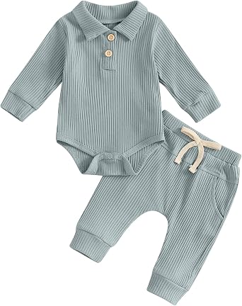 Baby Boy Clothes Newborn Fall Outfit Solid Color Long Sleeve Polo Romper with Elastic Pant Cute Infant Ribbed Set