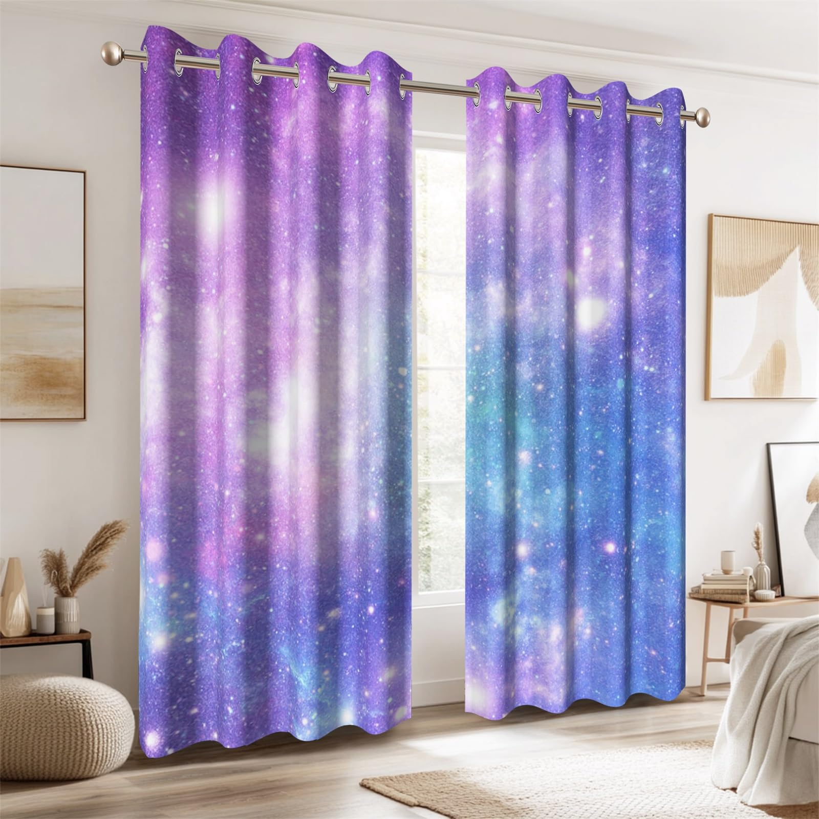 Ttincceer Galaxy Curtains for Bedroom Outer Space Purple Nebula Universe Blackout Window Drape with Grommets Thermal Insulated Starry Sky Stars Nursery Baby Room Decorative 2 Panels 117x138cm - Image 2