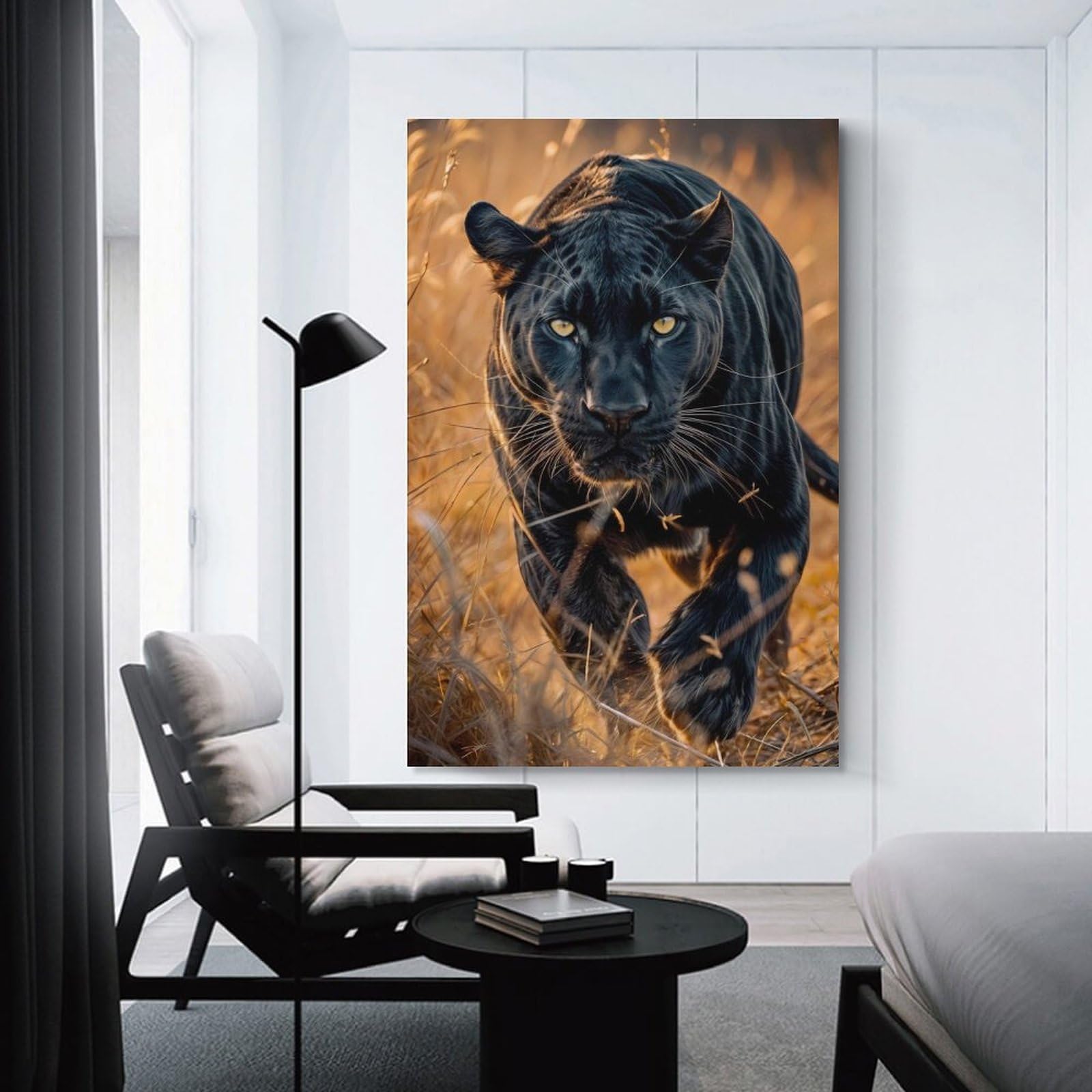 Junmoney Black Panther in Grass Decorative Wall Artwork 24x36inch(60x90cm), for Home Lounge, Bedroom Or Reading Nook, Modern Wall Decor for Cosy Interiors