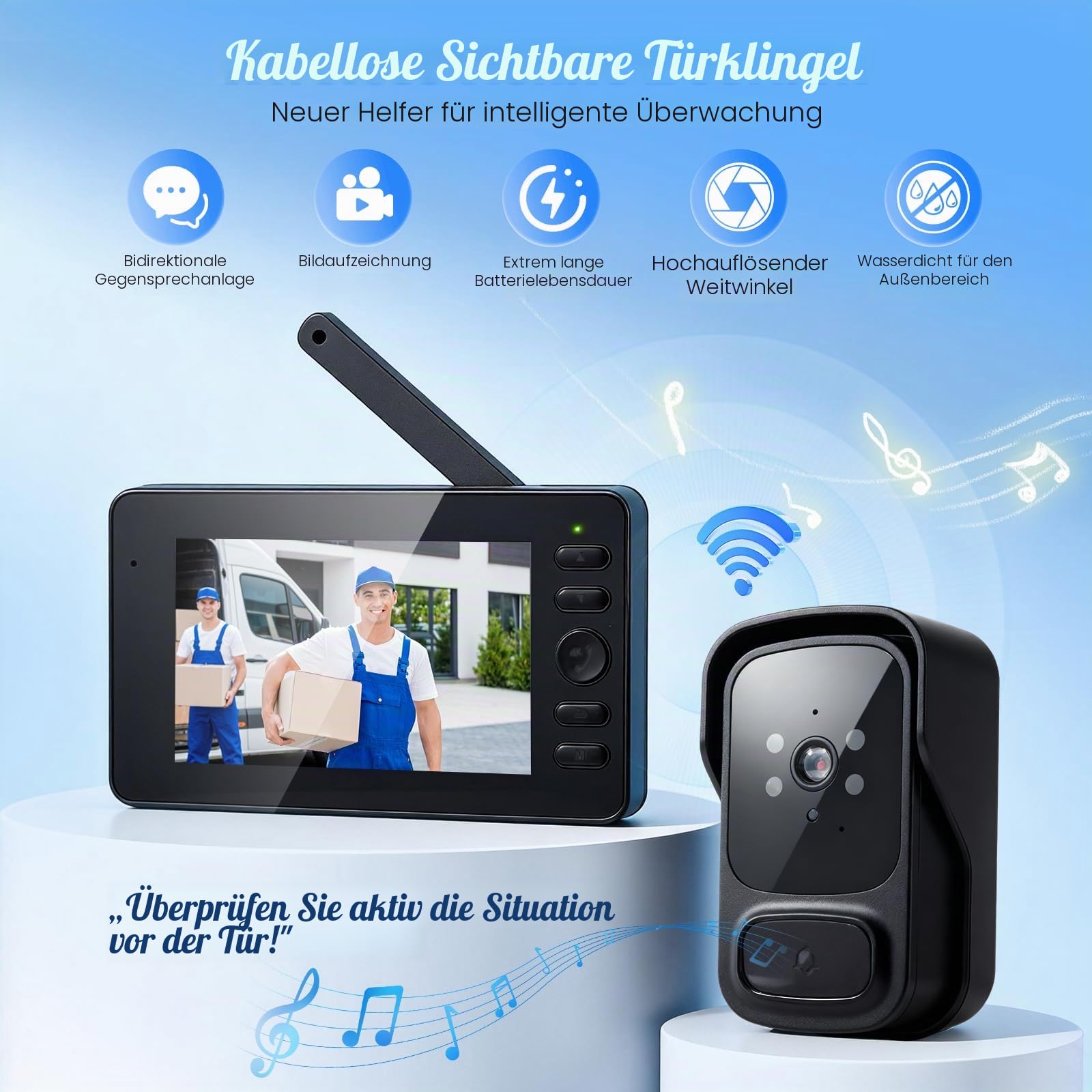 Türklingel mit Kamera Kabellos, Video Türklingel mit 1080P HD 4.3" IPS Bildschirm, Infrarot Nachtsicht, 2.4G WLAN, 2-Wege-Audio, 120° Weitwinkel, Unterstützt SD