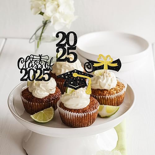 Miniatura 6 de Paquete de 36 adornos para cupcakes de graduación 2025 con purpurina para la clase de 2025 para diploma de graduación 2025 para fiesta temática de