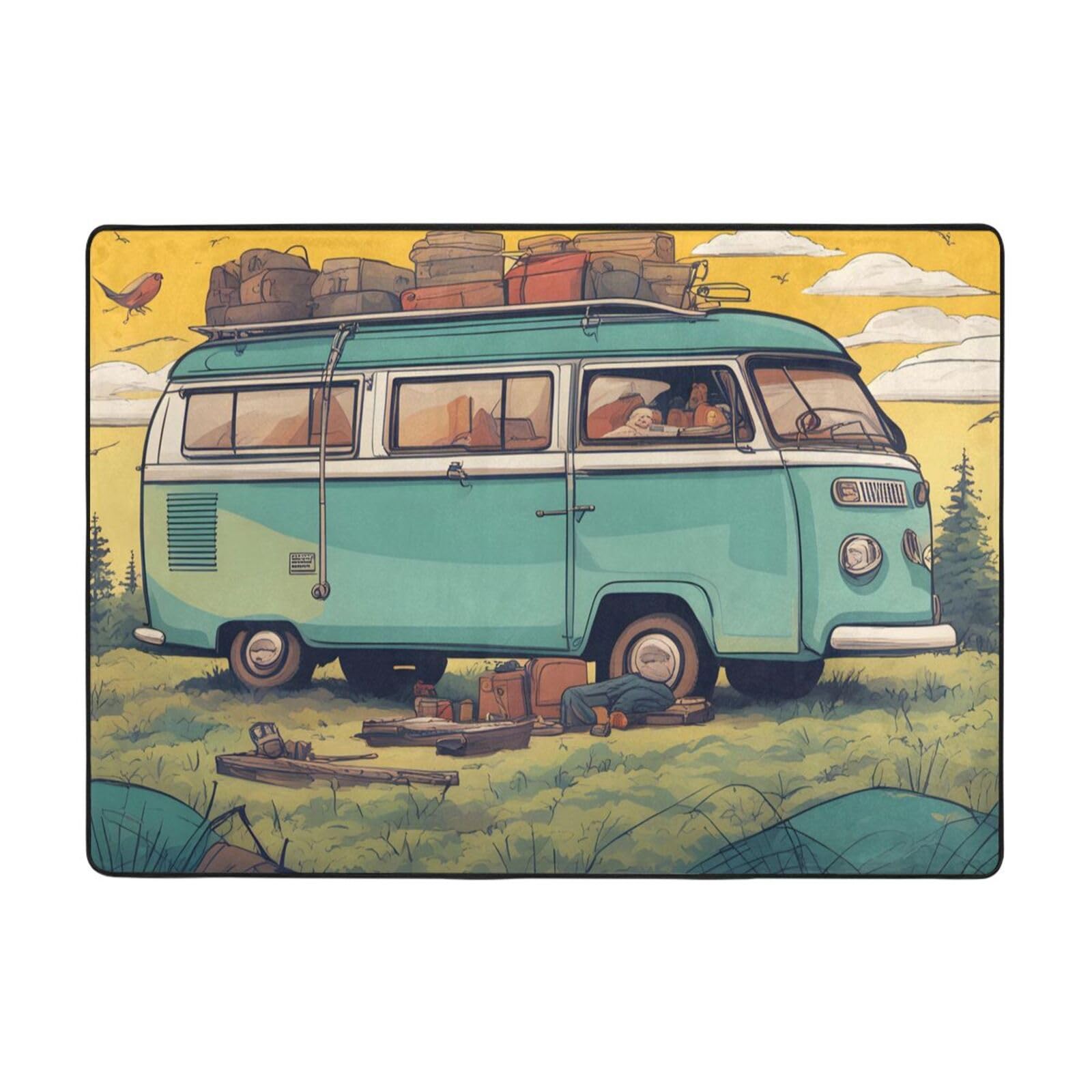 Tapis antidérapant lavable 203x147 cm Happy Campers pour intérieur et extérieur