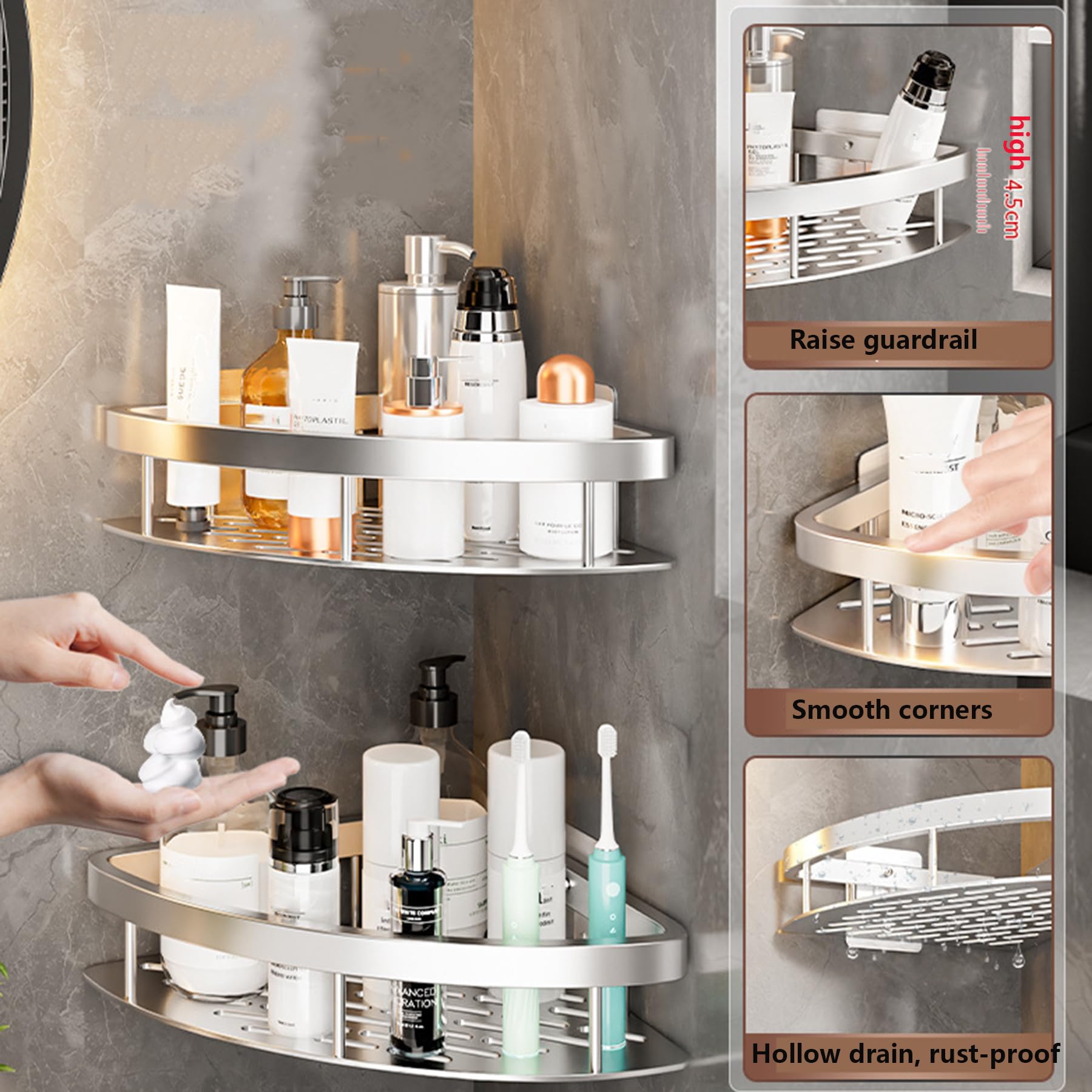 Mensole Doccia 2 Pezzi, mensole angolari Doccia da Montare a Parete Senza forare, Organizer in Alluminio antiruggine Grande capacità, per riporre Oggetti Cucina e Arredamento,Argento,B