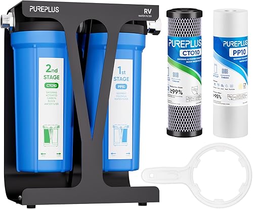 PUREPLUS Sistema de filtro de agua de doble etapa RV con dos cartuchos y soporte de montaje, certificado NSFANSI 42, reduce los sedimentos, el