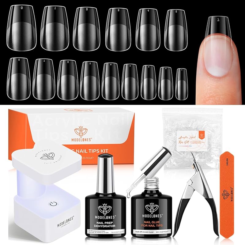 modelones X Nail Gel Kit , 9-in-One Glue Prep Dehydrator UV Light Clipper | 510Pcs Short CoffinFake Nails 15Sizes Pre-shaped Half Matte Press on Short Coffin Tips for DIY Salon