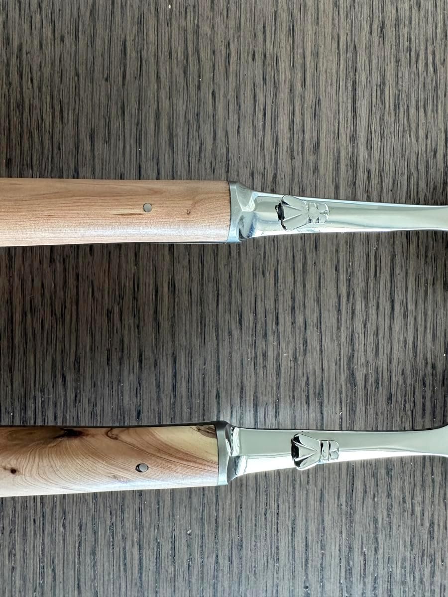 Laguiole en Aubrac Luxury 2-Piece Salad Server Set With 2-Spoons, Juniper Wood Handle, Brushed Stainless Steel Bolsters, Made In France